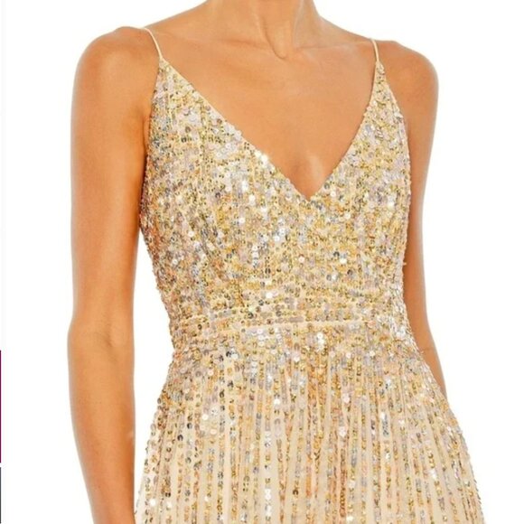 Mac Duggal Gold Sequin Wrap Sleeveless Formal Gown Maxi Dress Size 8 - Picture 2 of 16